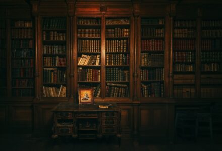 Dark atmospheric library representing essential weird fiction authors and books