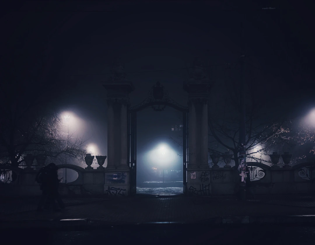 Foggy gate and lights creating a Cosmic Gothic mood