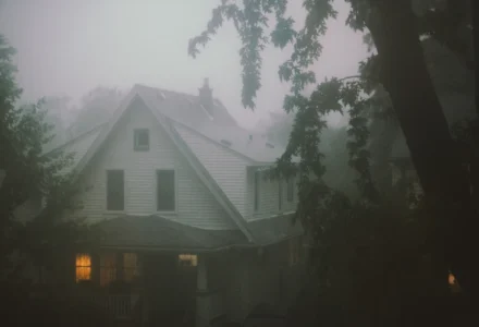 House surrounded by fog and trees evoking Cosmic Gothic atmosphere
