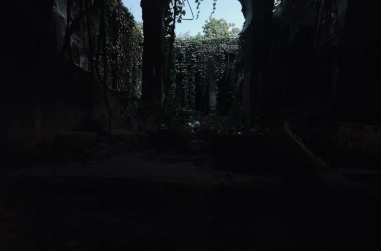 Overgrown dark passage evoking a dangerous fantasy world