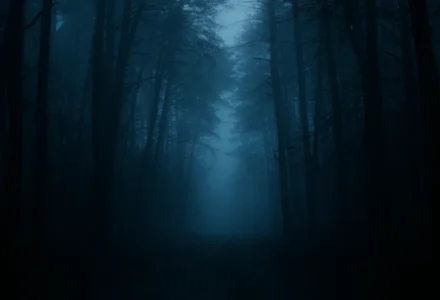Eerie forest in blue light suggesting strange and weird fiction